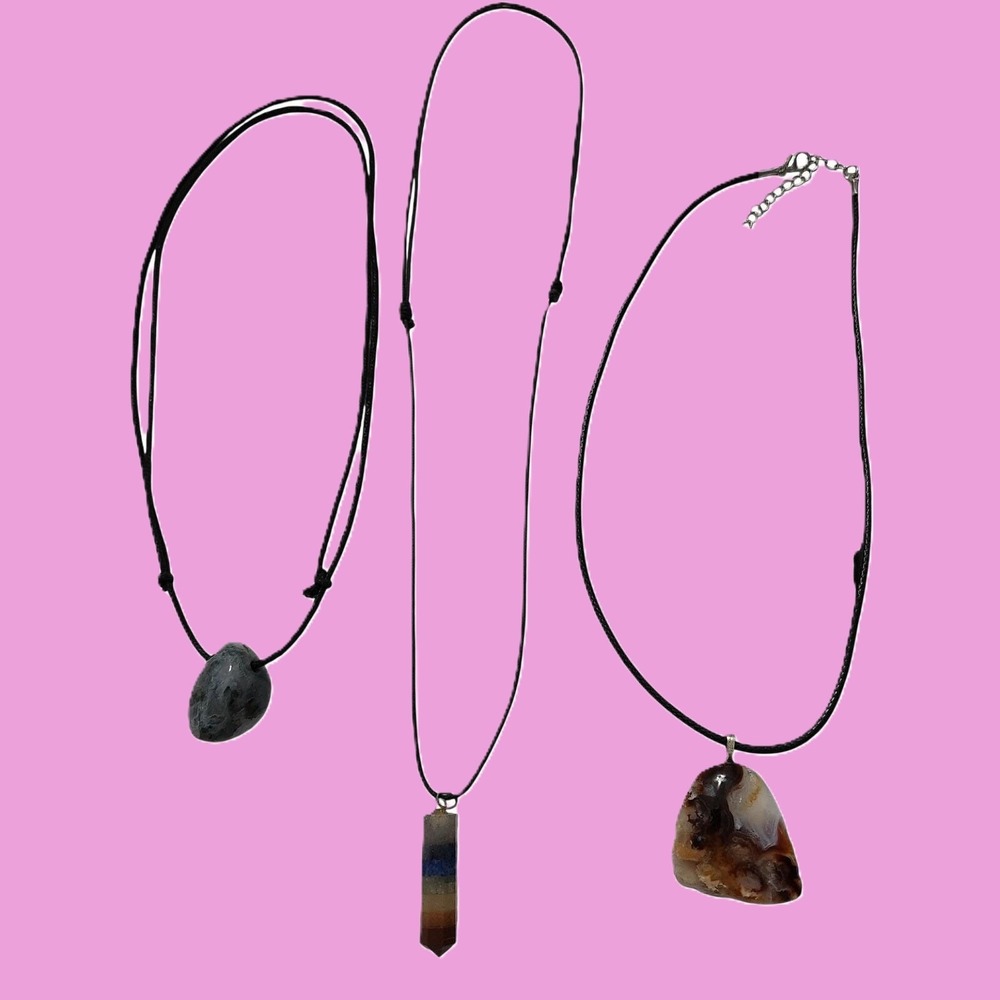 Set of 3 Stone Pendant Necklaces Agate Chakra Point Marbled Boho Cord Jewelry